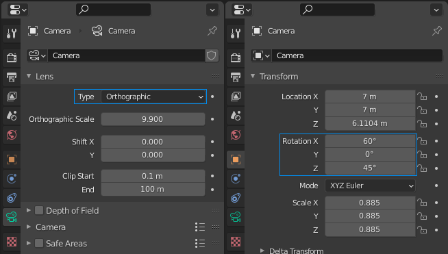 Camera settings for isometric rendering