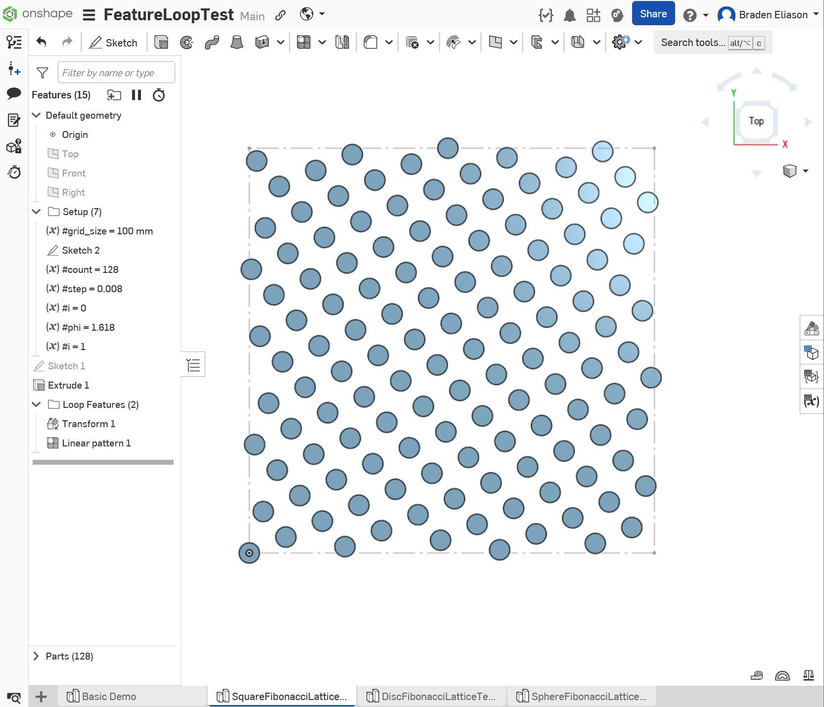 Square pattern built by incrementing a variable inside a Reapply-features Linear Pattern
